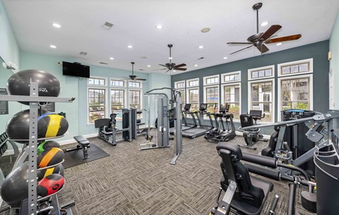 A gym with a variety of equipment including treadmills, weights, and exercise machines.