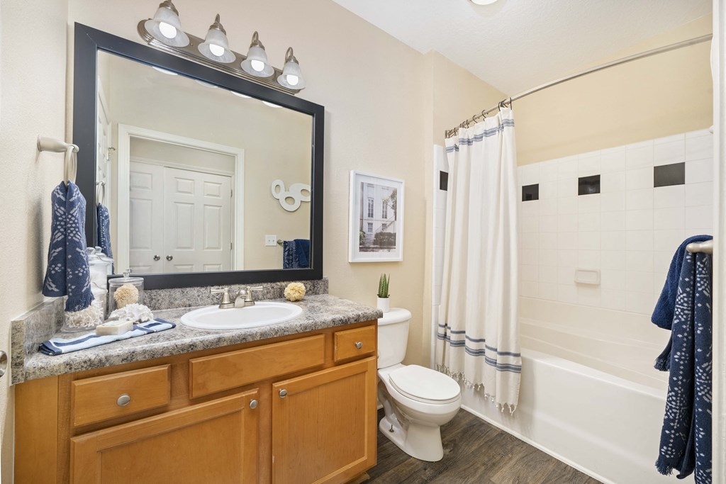A bathroom with a toilet, sink, and mirror.