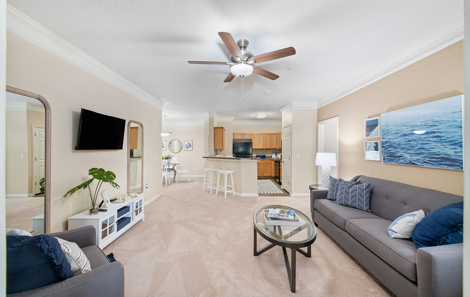 a living room with a couch and a coffee table
