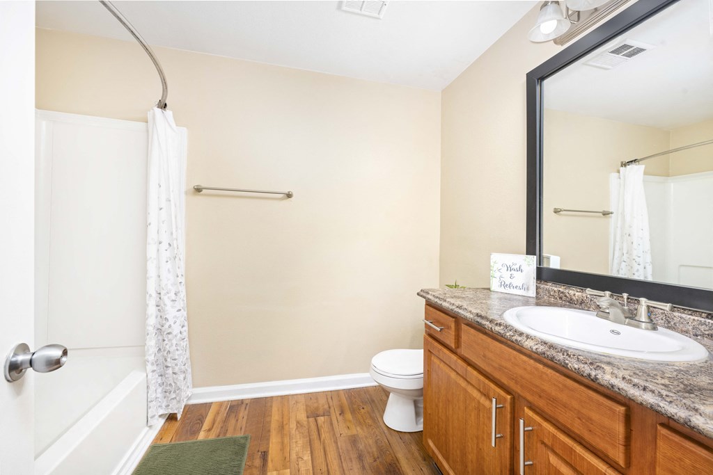 A bathroom with a toilet, sink, and mirror.