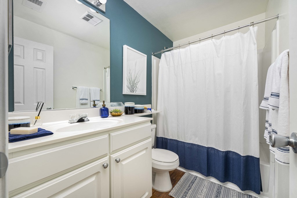A white toilet sits in a bathroom with blue walls.