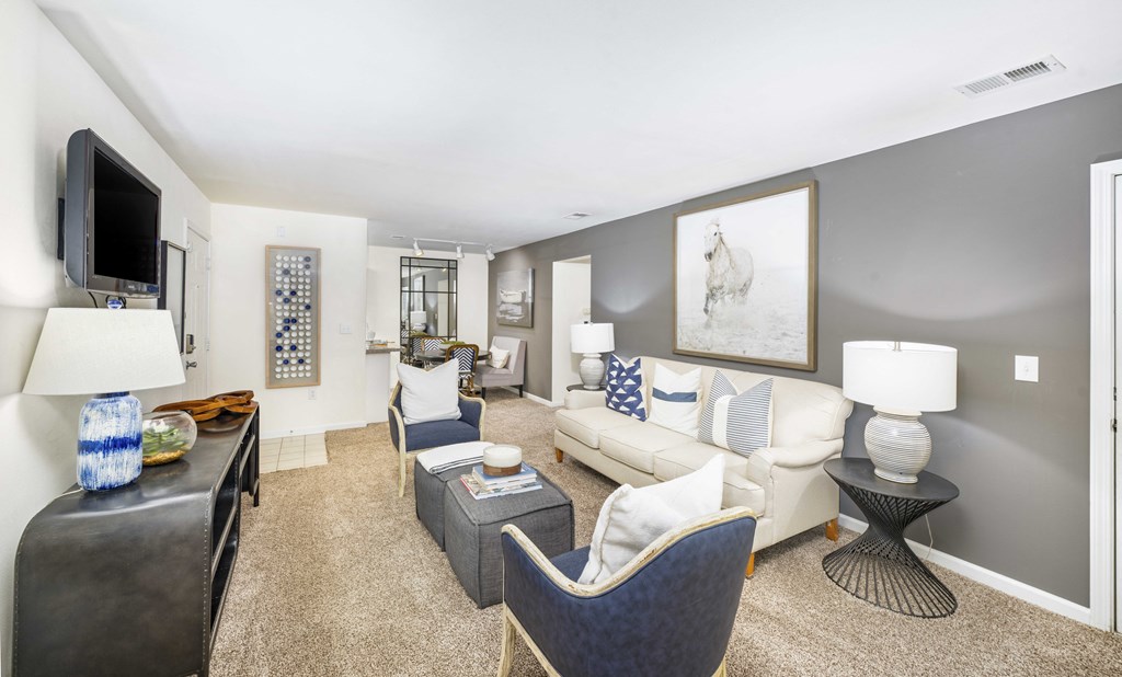 A living room with a white couch, a blue chair, and a television.