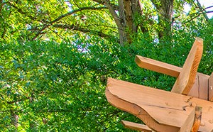a wooden pavilion in a park with trees