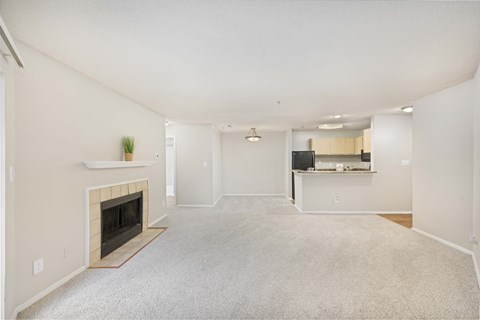 A living room with a fireplace and a kitchen in the background.