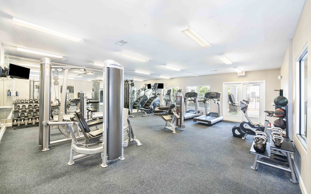 A well-equipped gym with various exercise machines and weights.