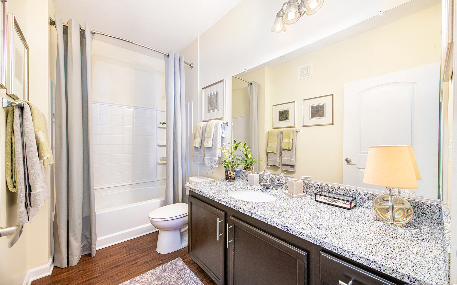 a bathroom with a shower toilet sink and mirror