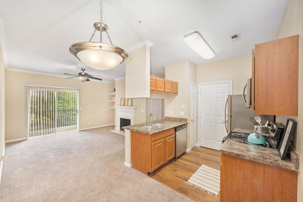 a kitchen with a stove refrigerator and a sink