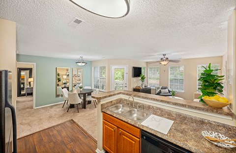 A kitchen with a sink and a counter.