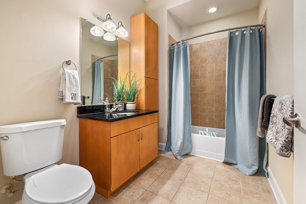 A bathroom with a white toilet, a wooden vanity, and a shower with a blue curtain.