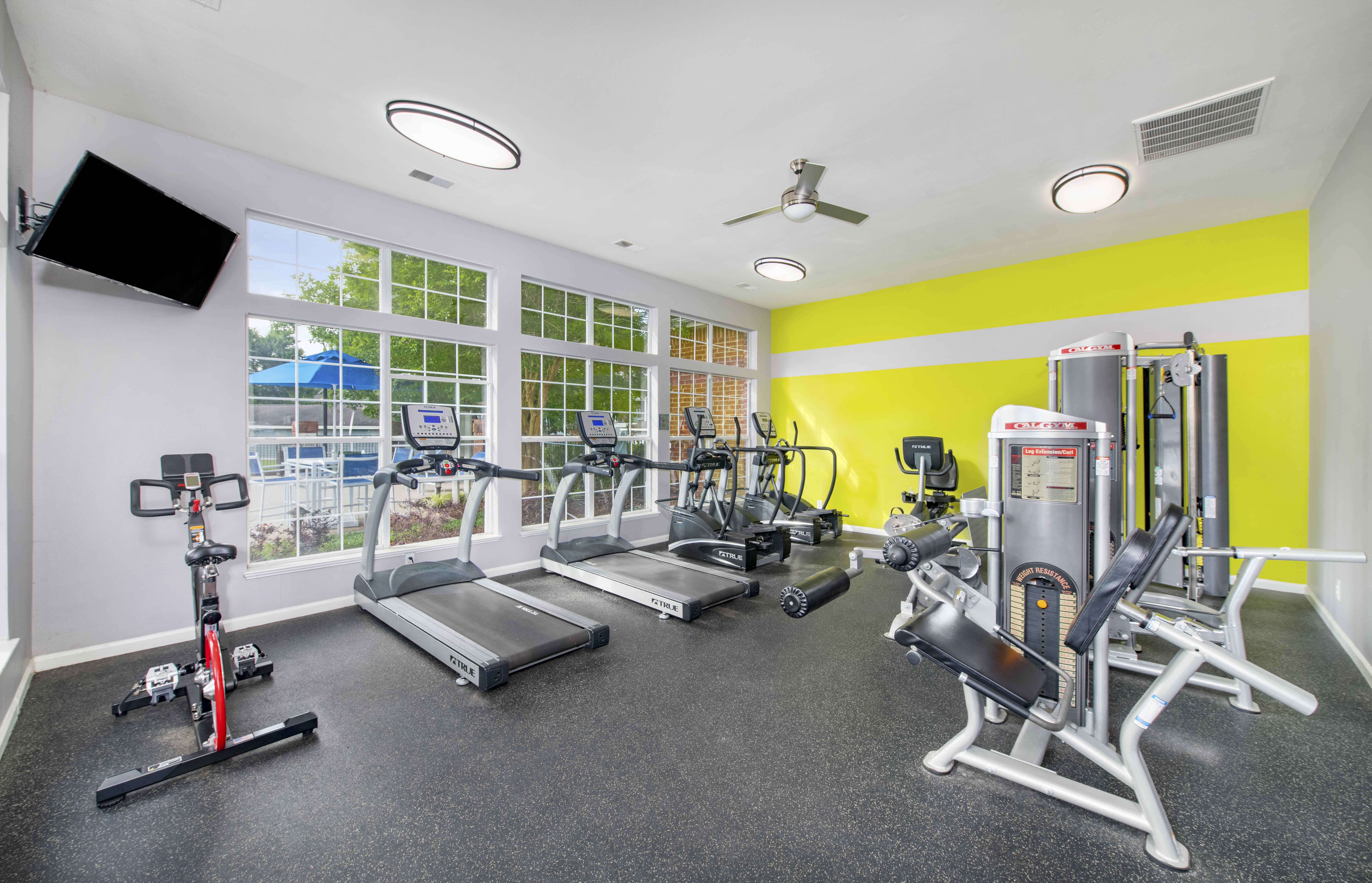 a gym with cardio machines and weights and a window