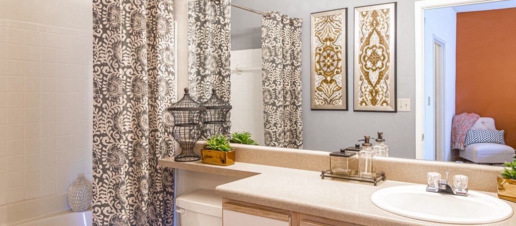 a bathroom with a sink and a mirror and a shower curtain