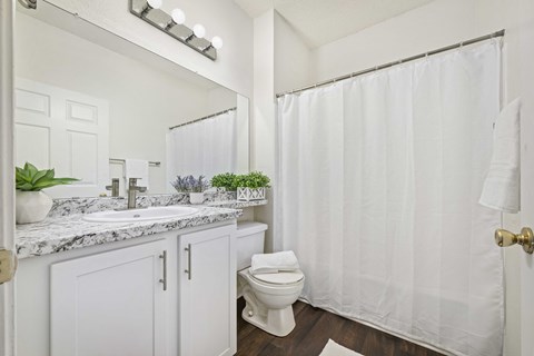 A white bathroom with a toilet, sink, and shower curtain.