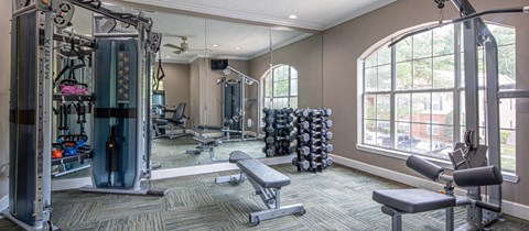 a gym with weights and cardio machines and a large window
