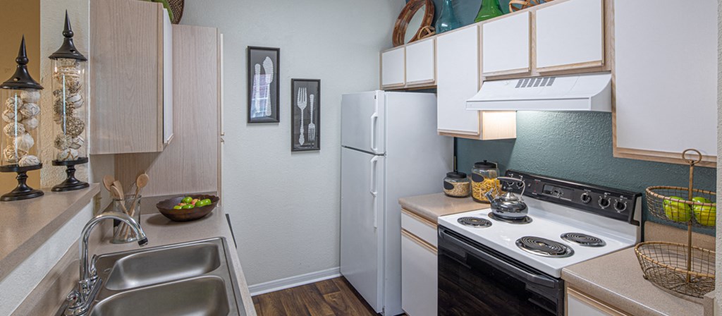 a kitchen with a stove sink and refrigerator