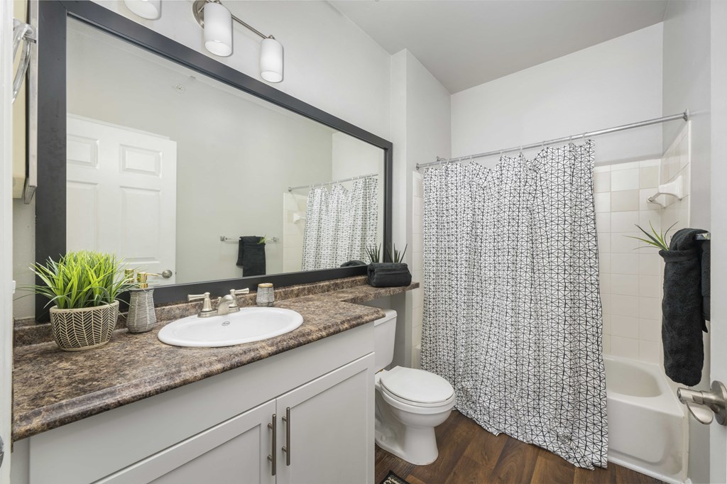 A bathroom with a white toilet, a sink, a mirror, and a shower curtain.