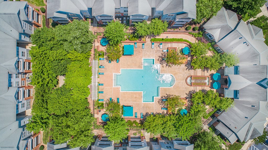 arial view of the puzzle shaped pool in the center of the resort