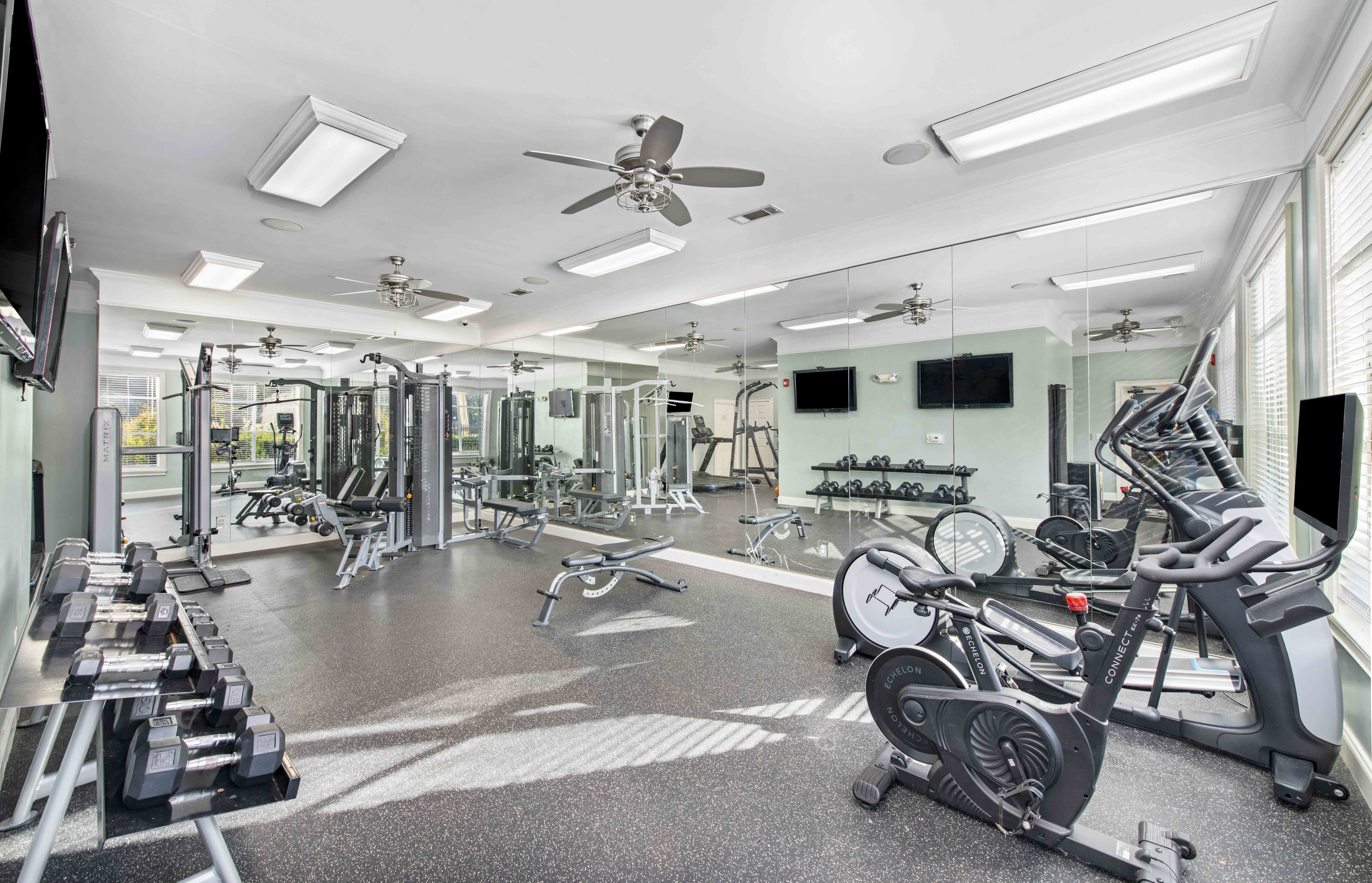 a gym with weights and cardio machines and a ceiling fan
