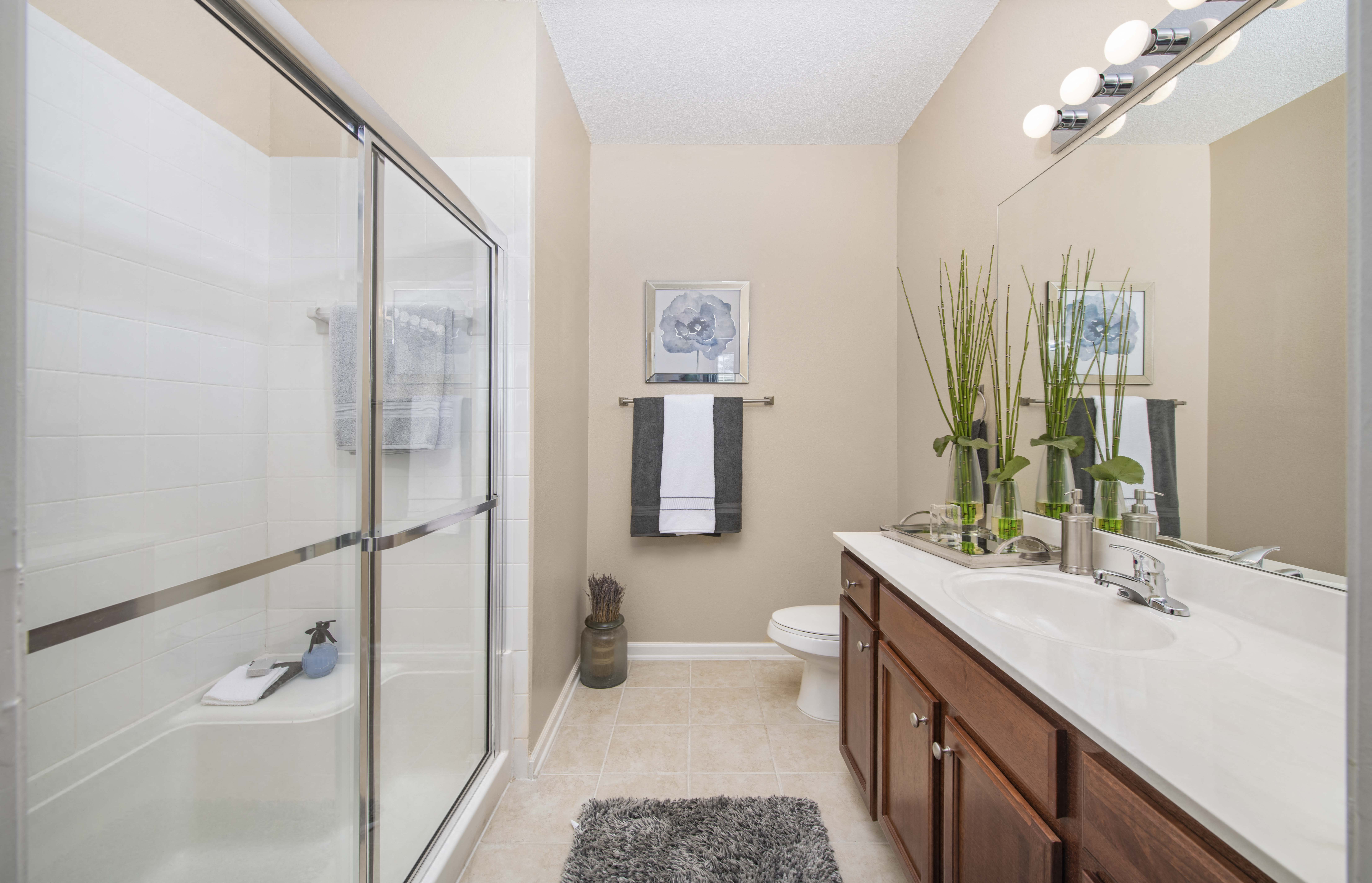 a bathroom with a shower and a sink and a toilet