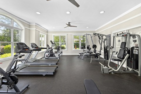 A spacious gym with treadmills, elliptical machines, and weight machines.