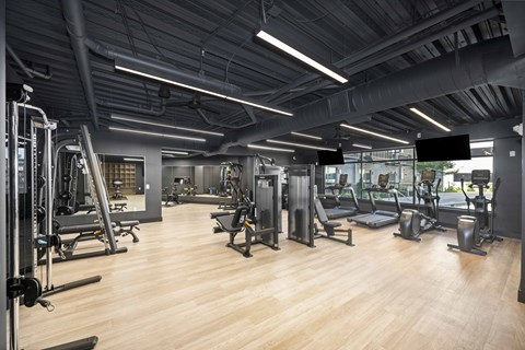 A gym with a variety of equipment including treadmills, weights, and exercise machines.
