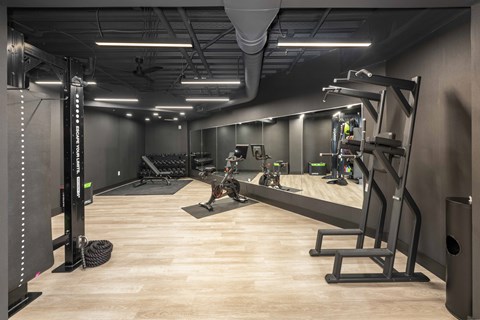 A gym with a variety of equipment including a squat rack, bench, and weights.