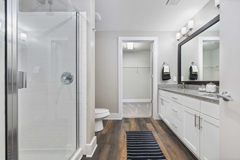 A bathroom with a walk in shower, toilet, and sink.