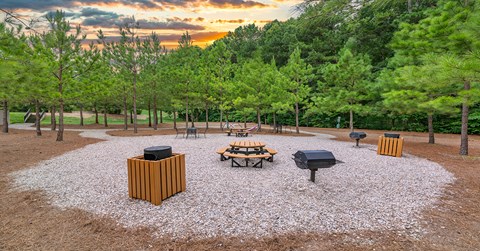 a park with a picnic table and a fire pit