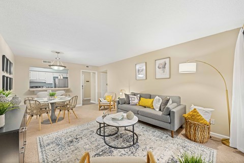 a living room with a couch and a dining room table