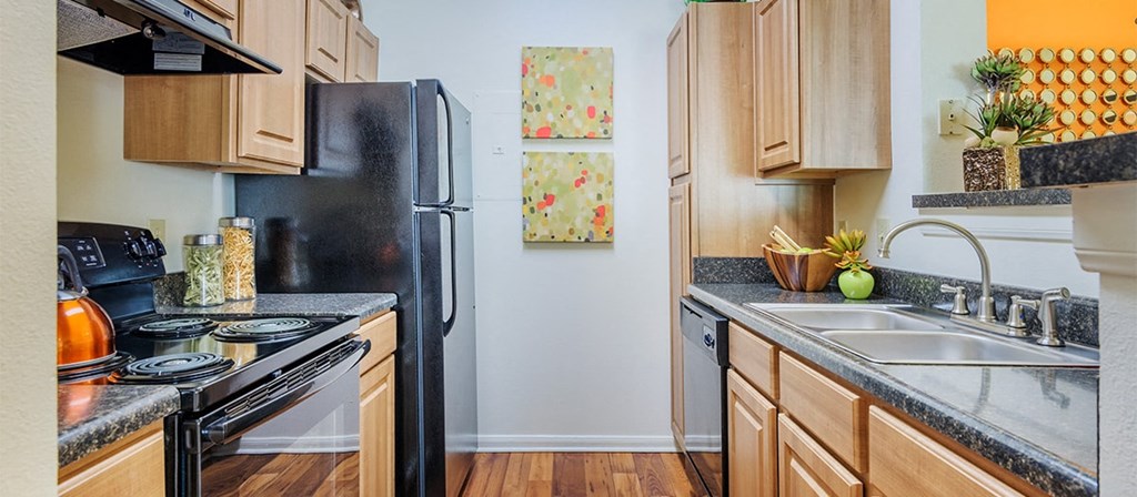 a kitchen with a stove refrigerator and sink