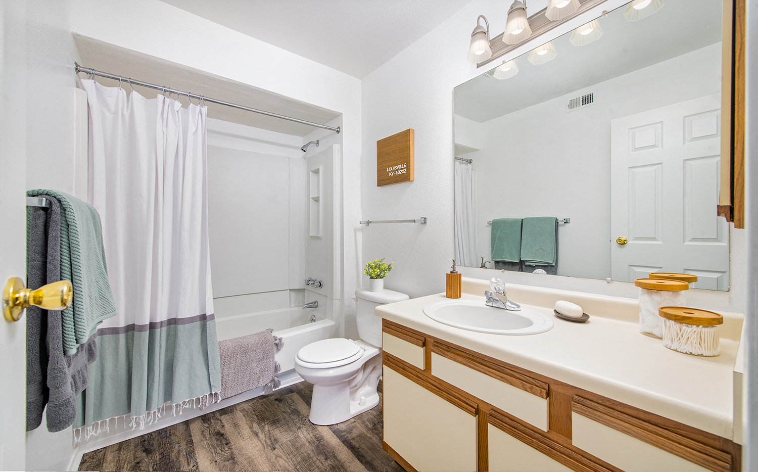a bathroom with a shower toilet and sink and a mirror