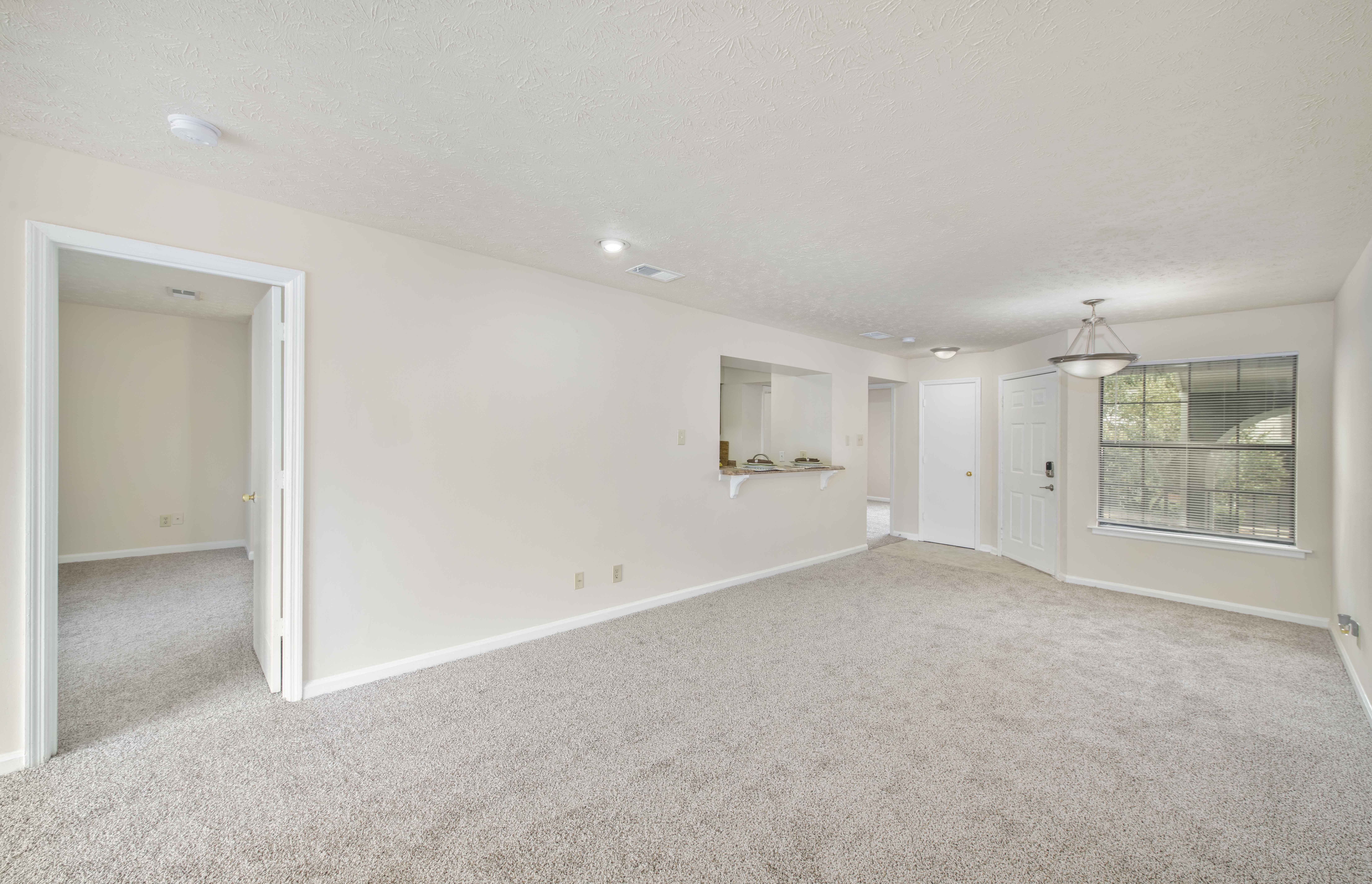 the spacious living room and dining room with white walls and carpet