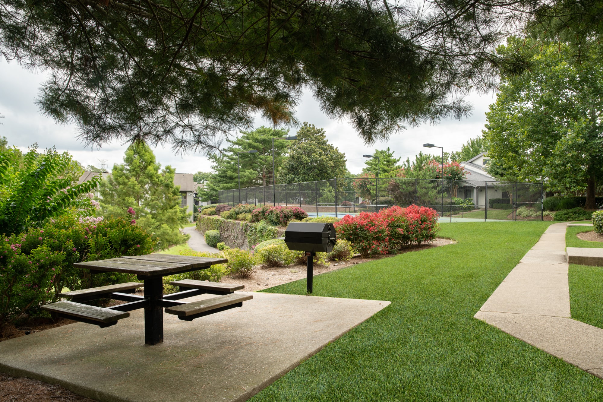 a picnic table and a grill in a park