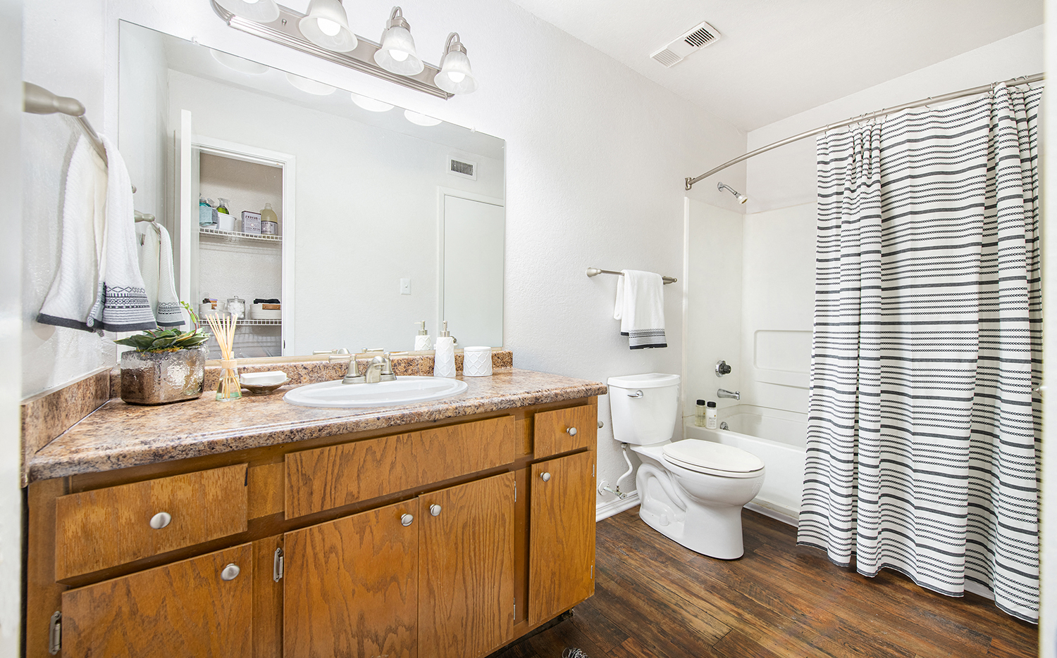a bathroom with a shower toilet and sink and a mirror