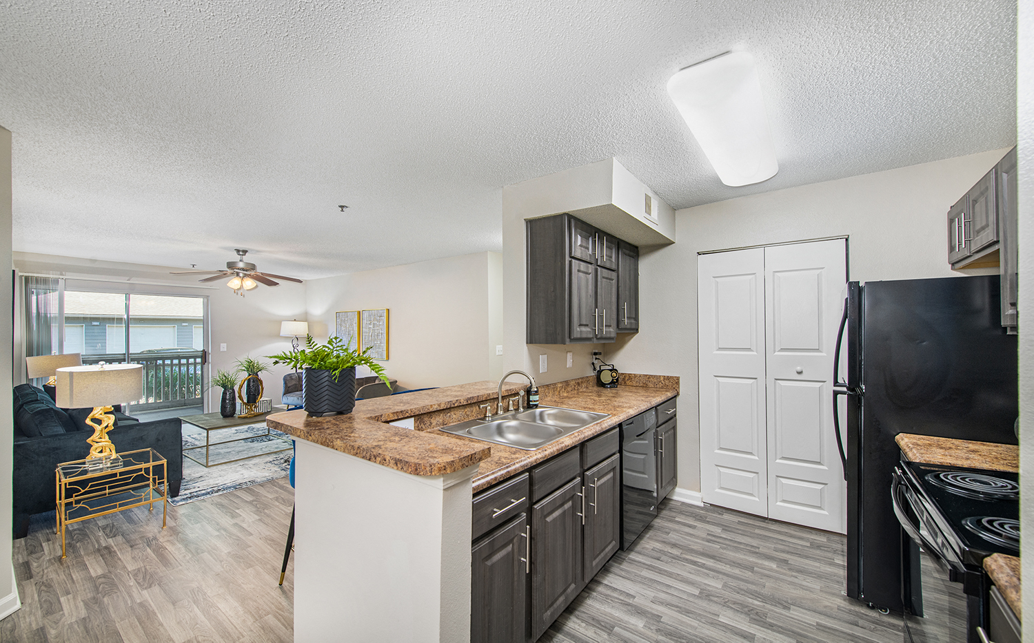 our redesigned kitchen is open to the living room and dining room