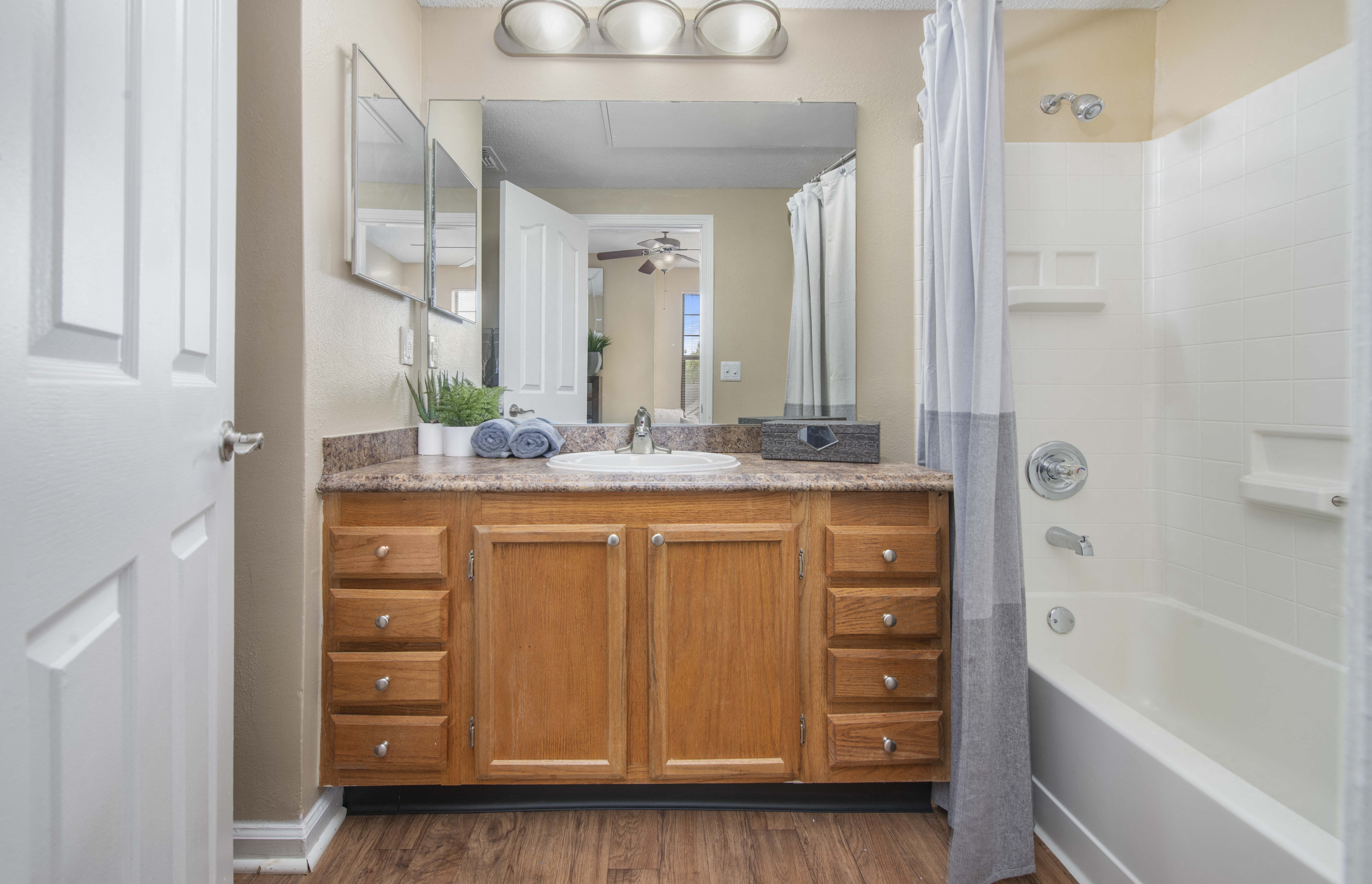 a bathroom with a sink and a shower and a mirror
