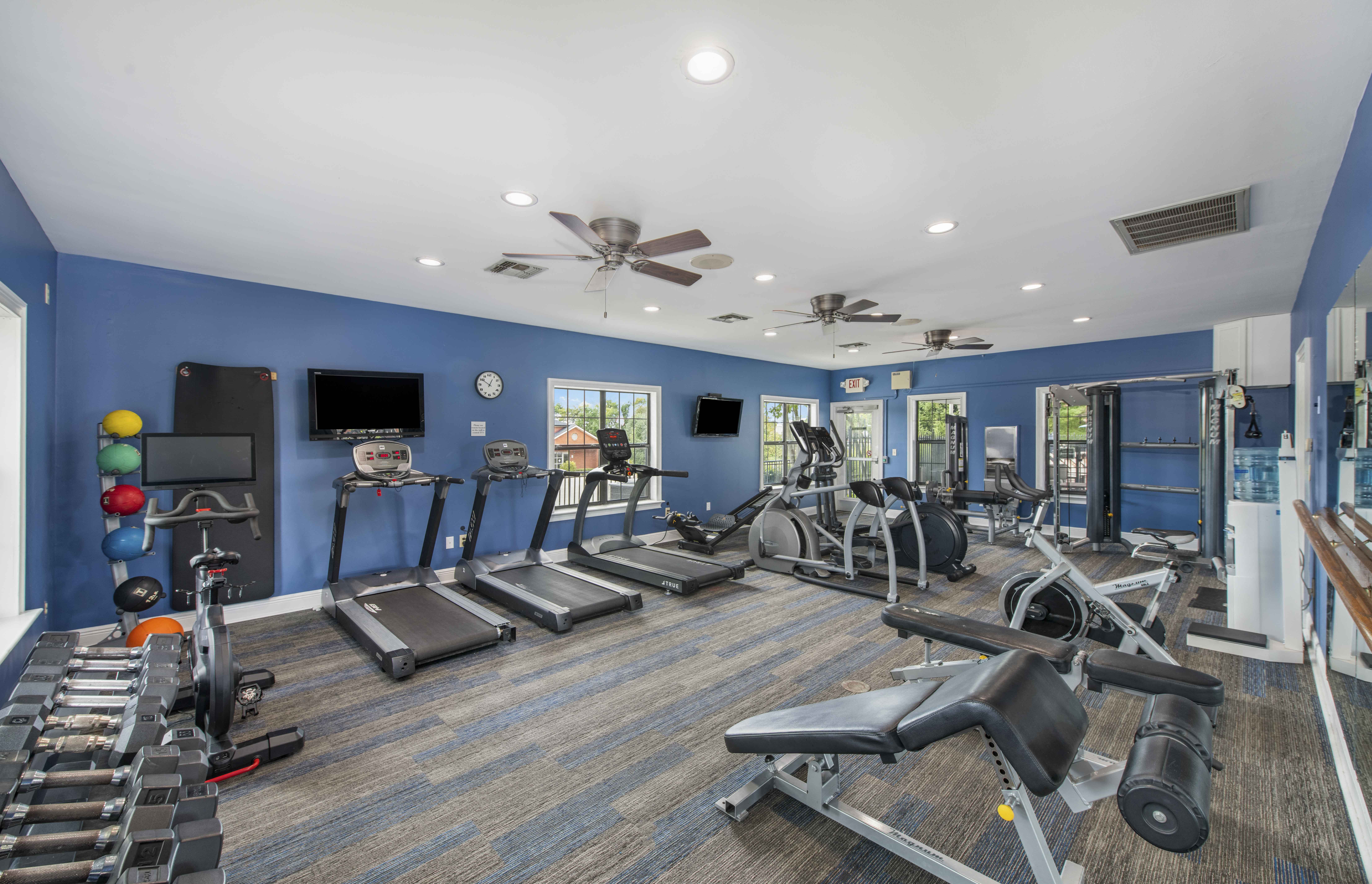 a gym with cardio equipment and weights in a building with blue walls
