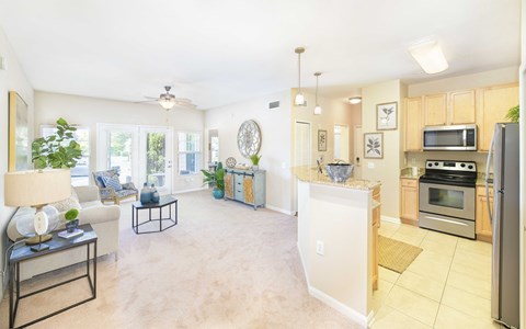 a living room with a kitchen and an open floor plan