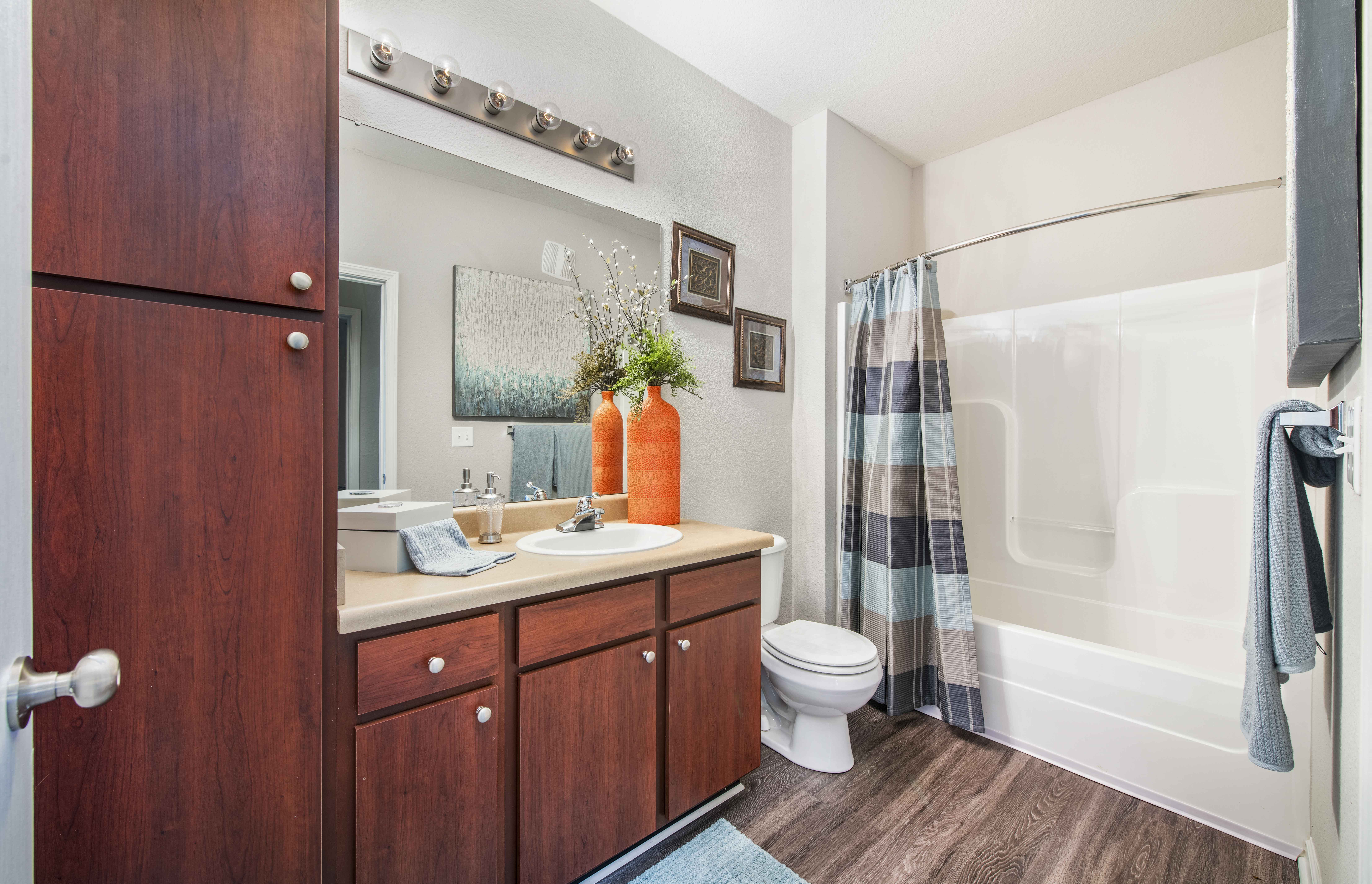 a bathroom with a shower sink and toilet and a mirror