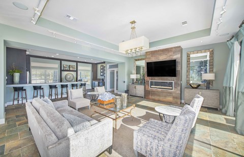 a living room with couches and chairs and a television