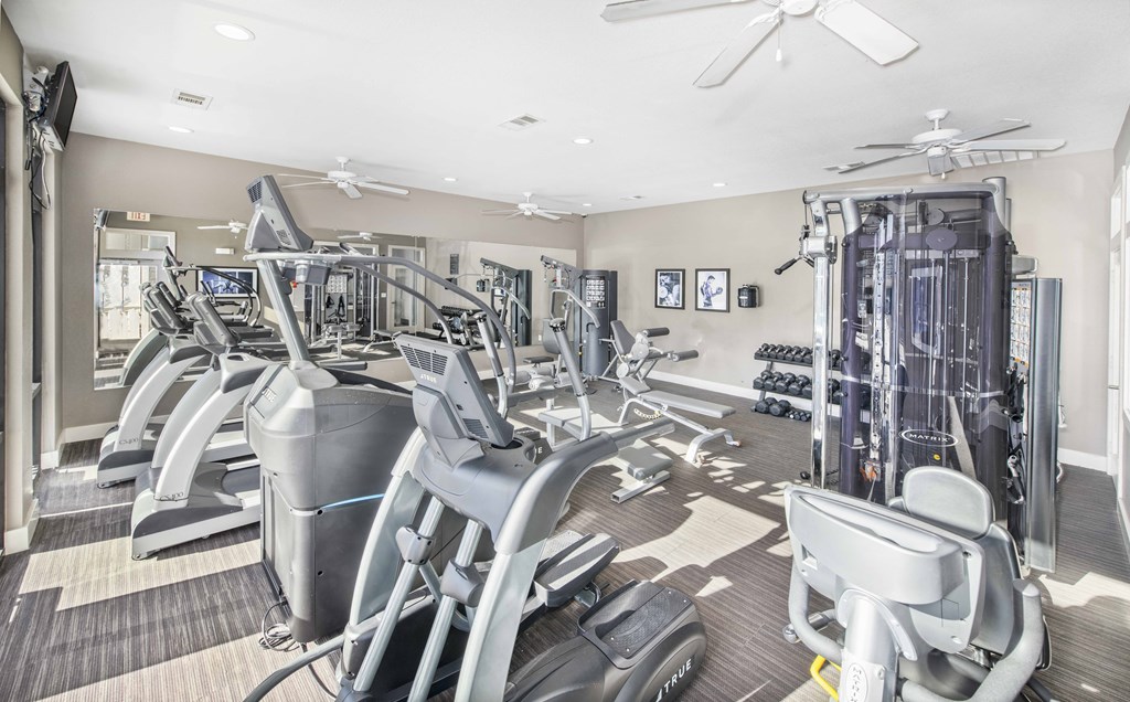 a gym with cardio machines and other exercise equipment