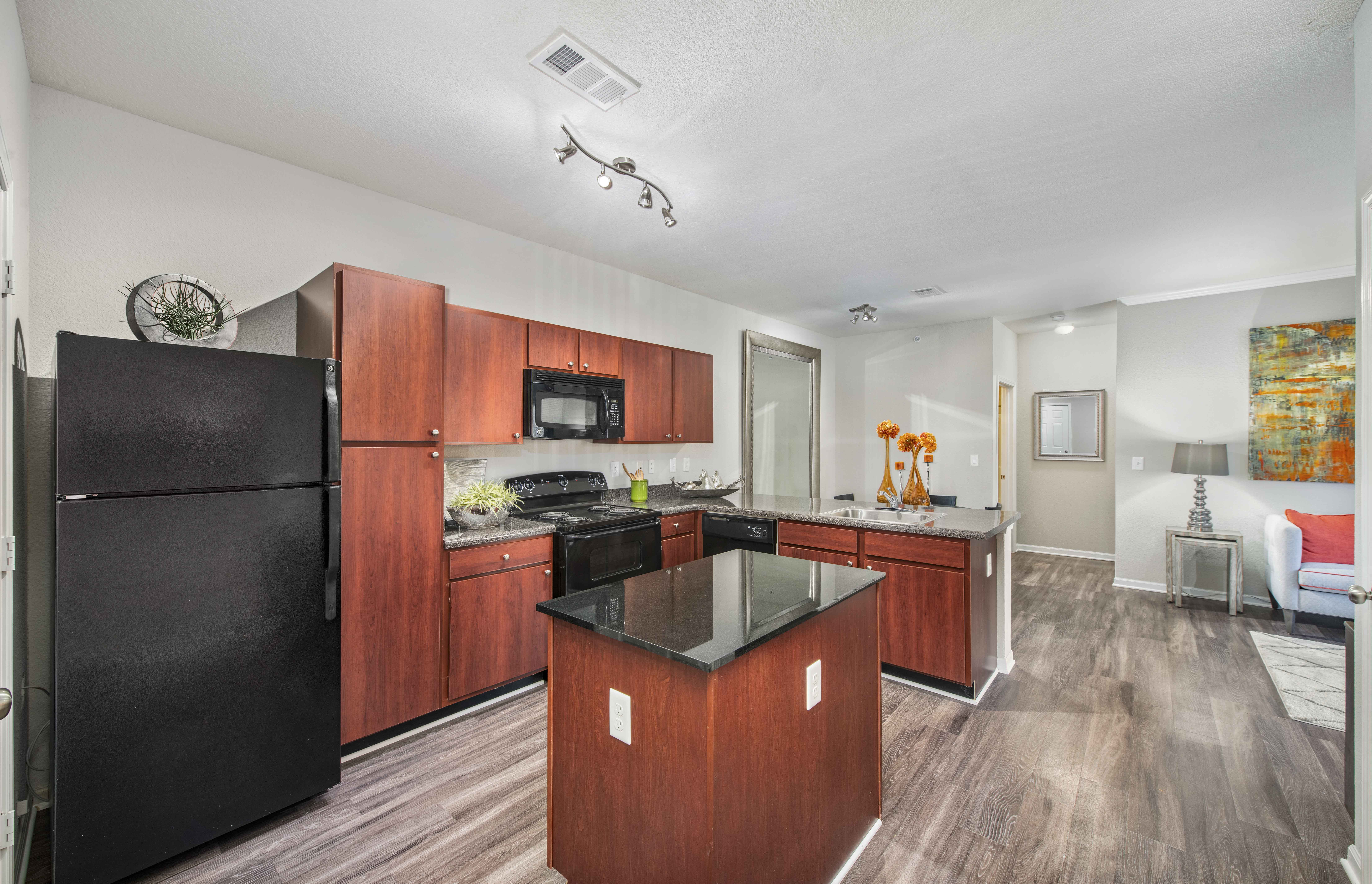 the preserve at ballantyne commons apartment kitchen with black appliances and wood cabinets