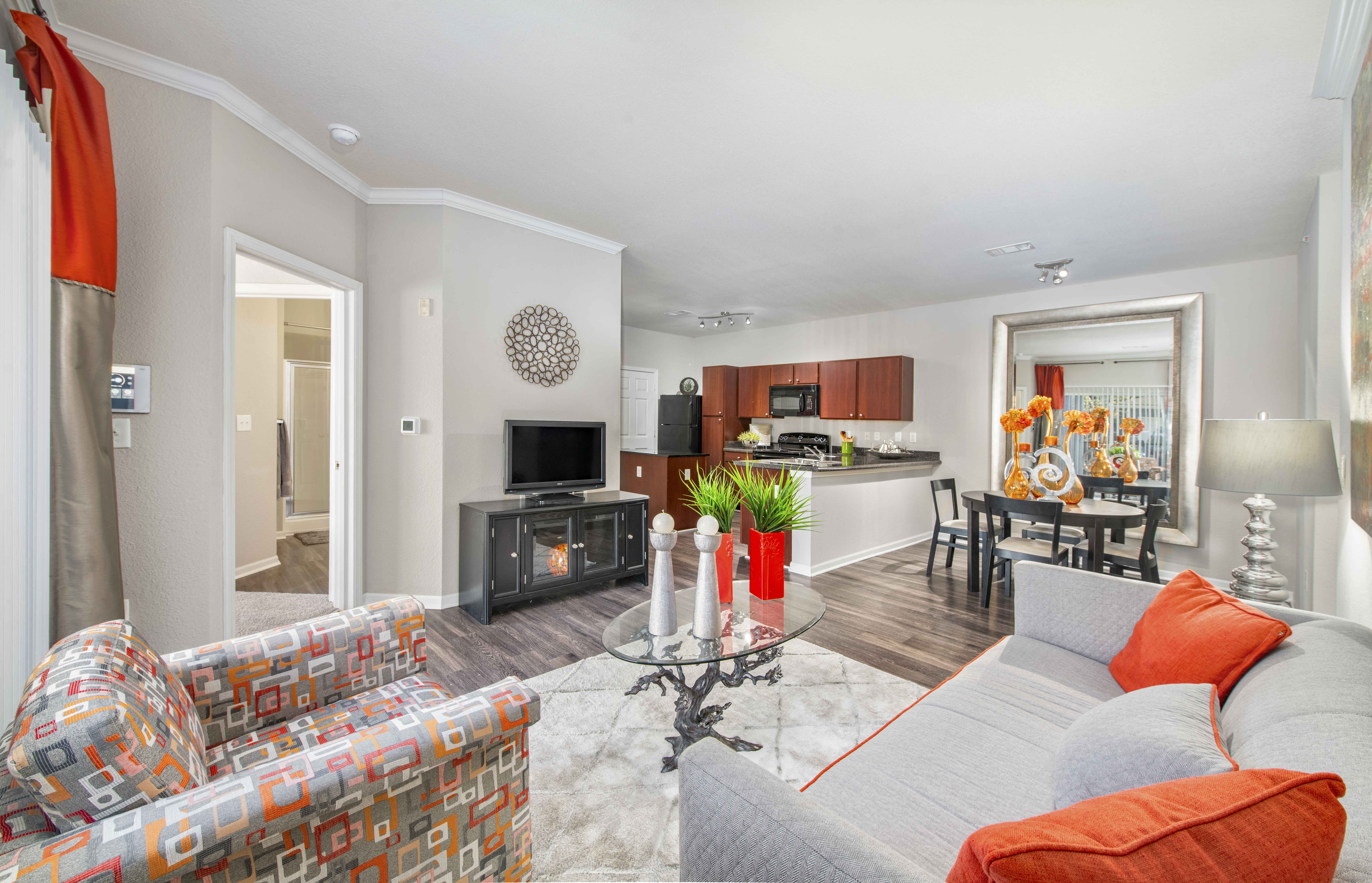 a living room with a couch and a table