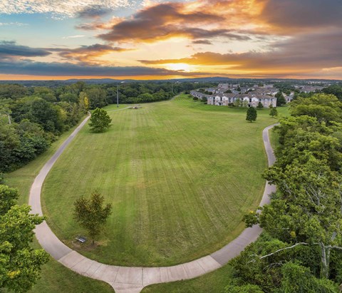 an aerial view of a green field with a sunset in the sky