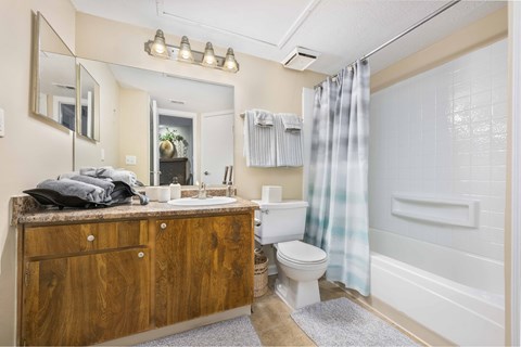 a bathroom with a toilet sink and shower and a mirror
