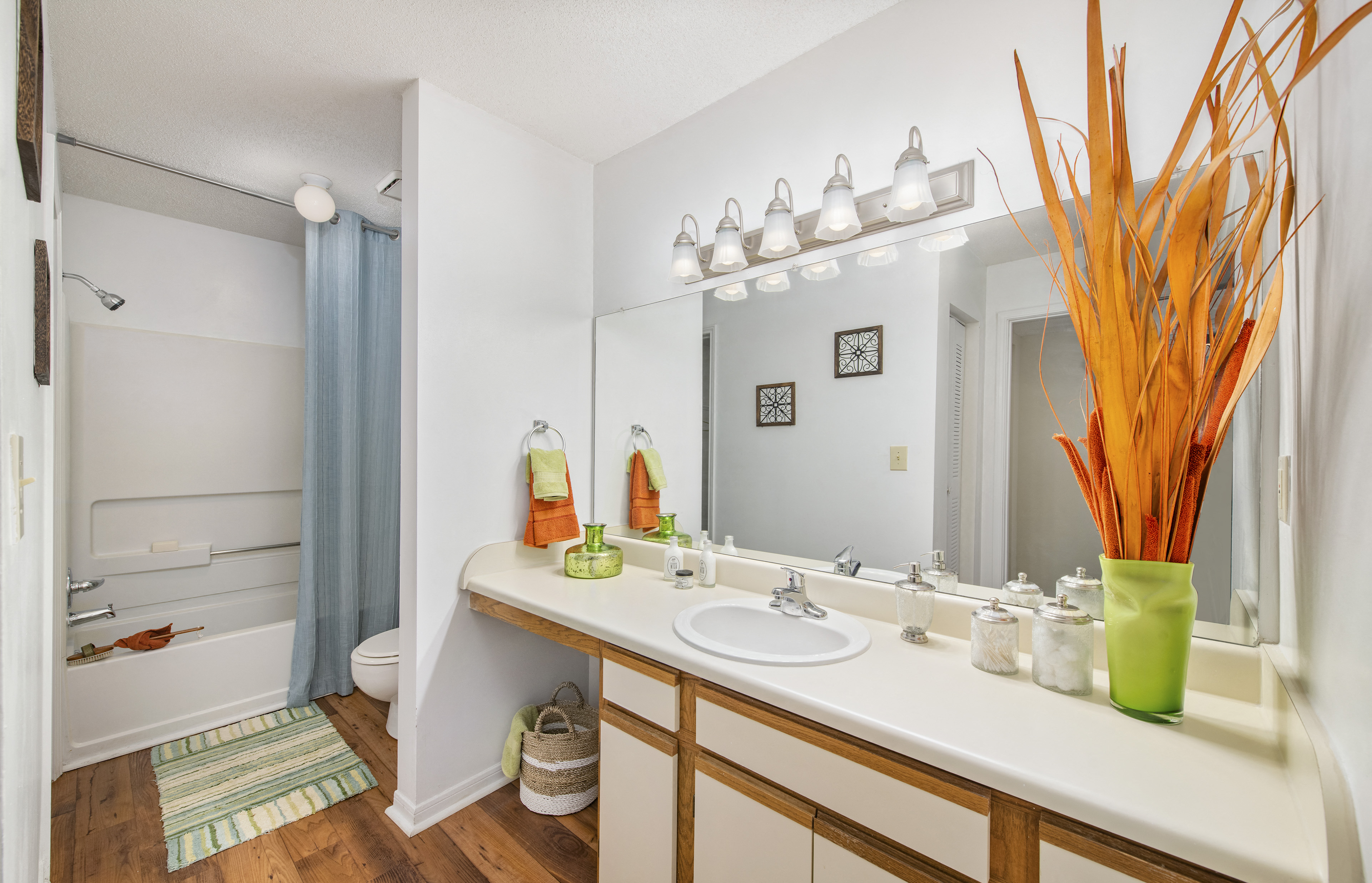 a bathroom with a sink and a mirror and a shower