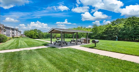 A picnic area with a table and chairs is surrounded by a grassy area and trees.
