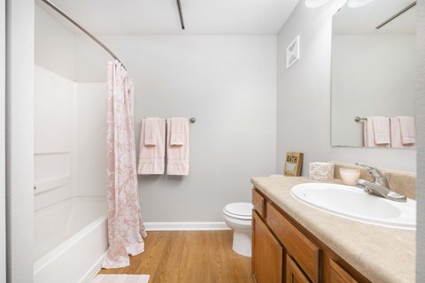 A bathroom with a toilet, sink, and shower.