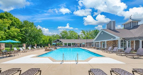 A large swimming pool surrounded by lounge chairs and trees.