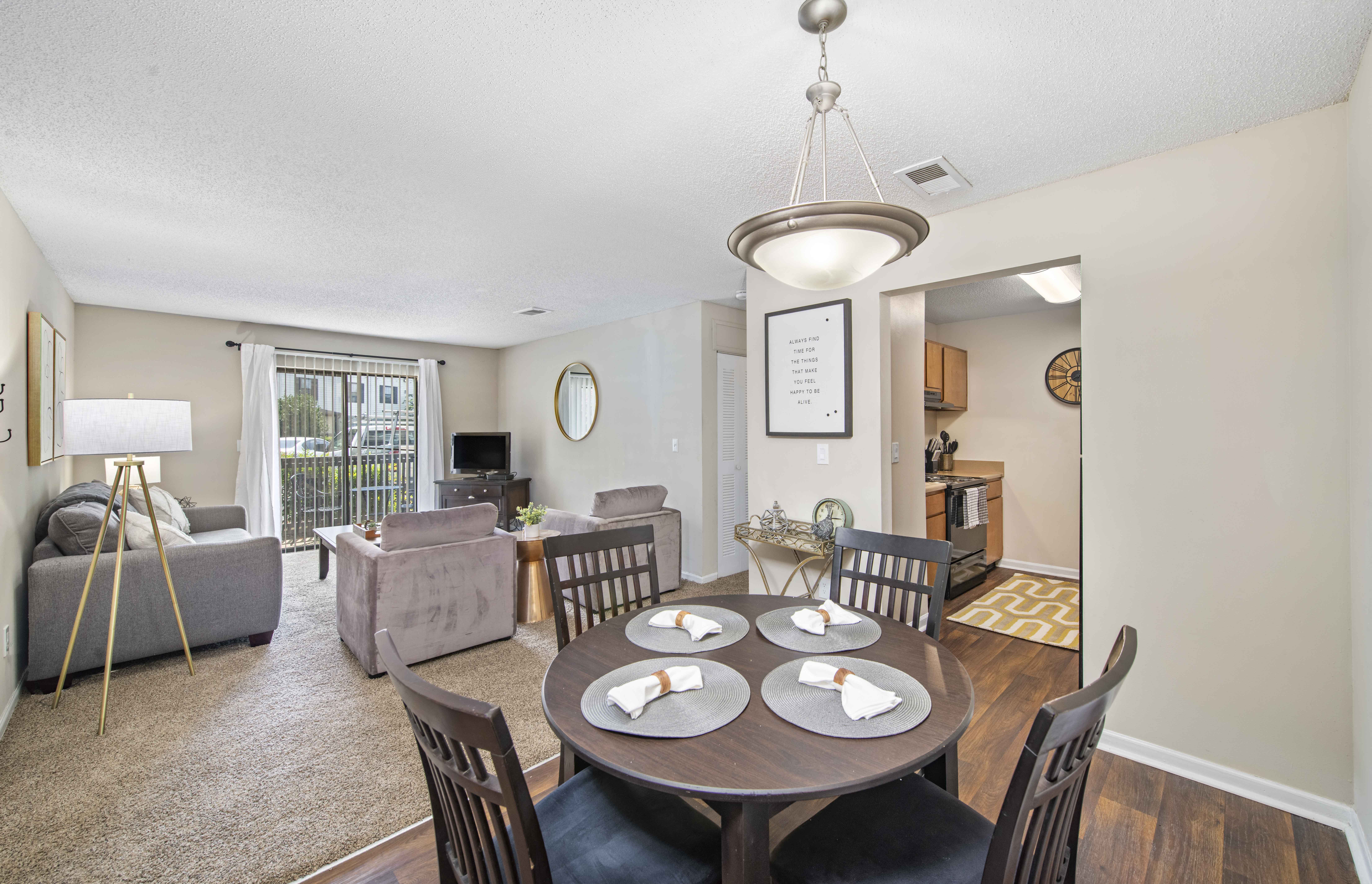 our apartments offer a dining room table and living room