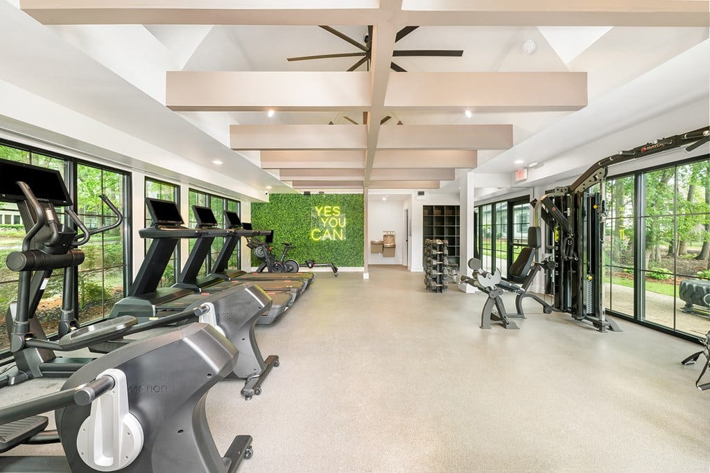 A gym with treadmills and elliptical machines.